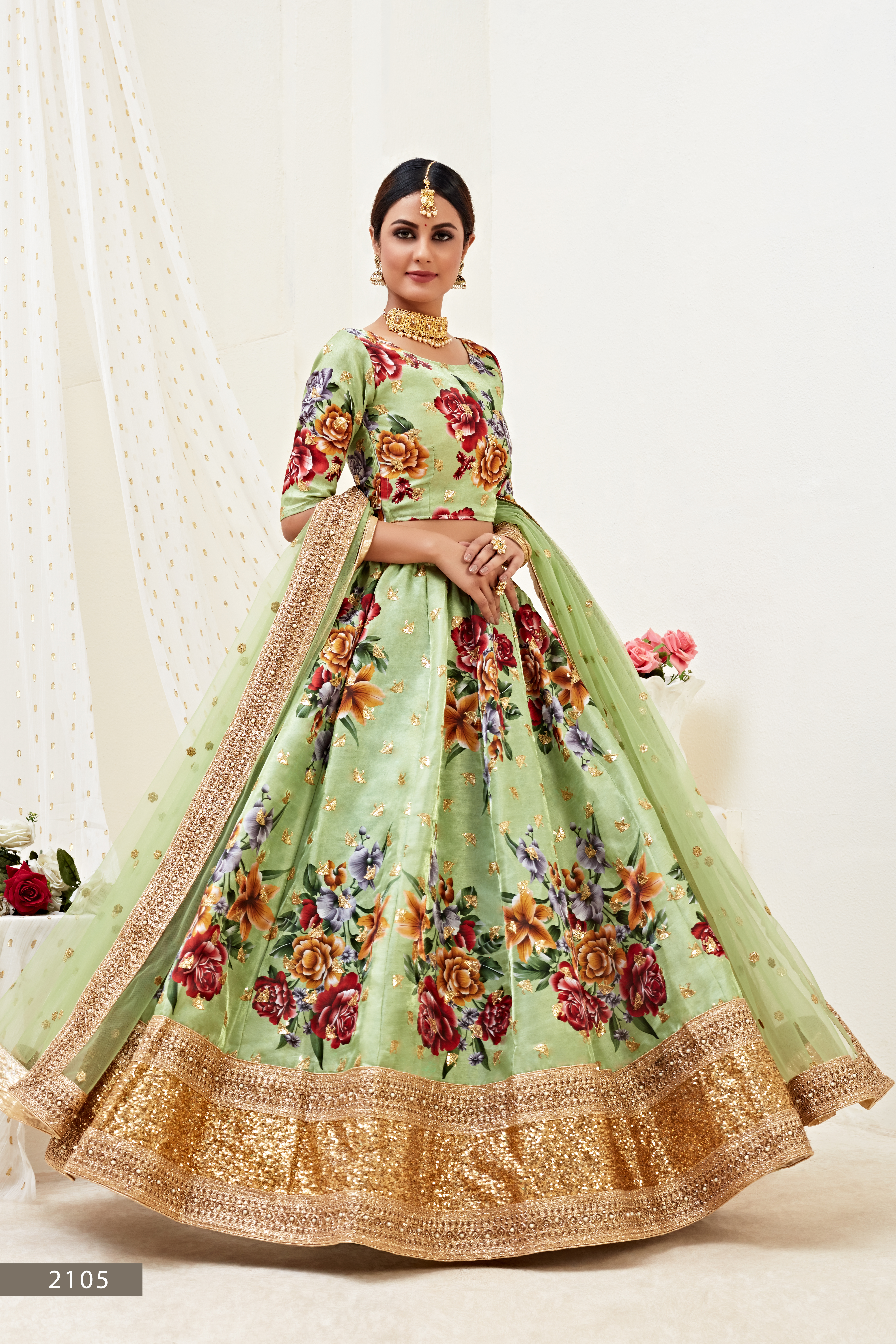Floral Digital Print Lehenga With Sequence Embroidery Work and Pearl Work